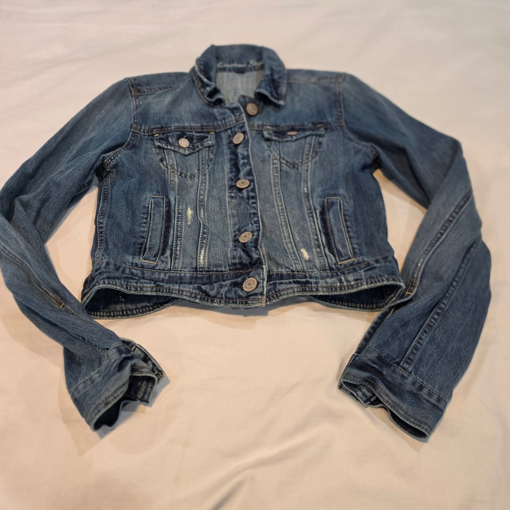 American Eagle Denim Jacket Womens M Blue Excellent Distressed Cropped Trucker